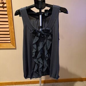 LOFT Charcoal Sleeveless Blouse with Floral Ruffles